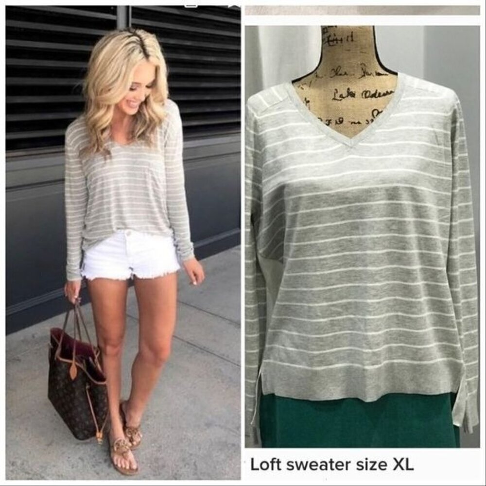 Ann taylor Loft sweater size XL grey white striped long sleeve